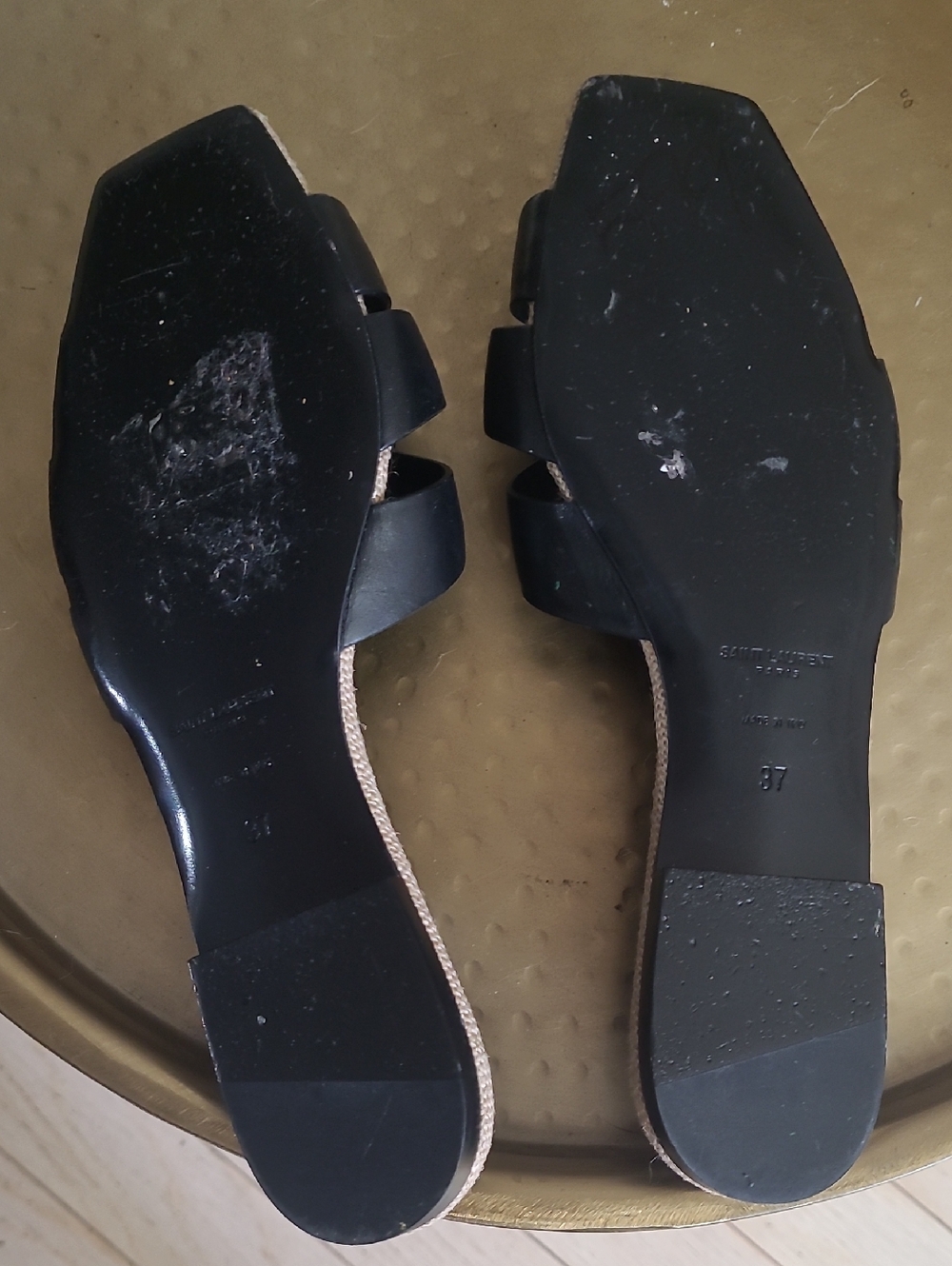 Saint Laurent Paris Tribute Slide Sandals Black Leather Raffia Mule Flats EU 37 - Picture 5 of 7